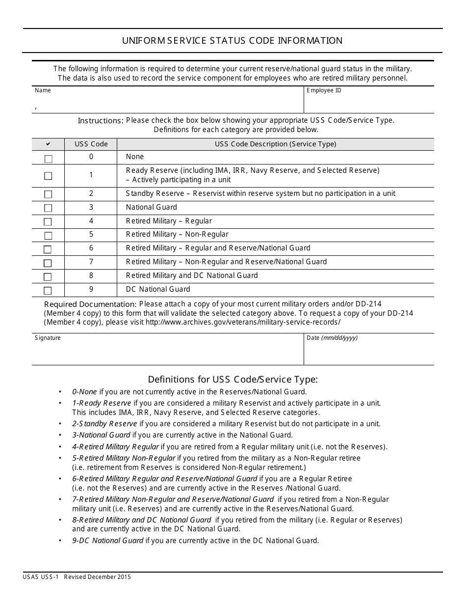 Form USAS USS-1 Uniform Service Status Code Information, Page 1
