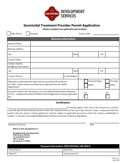 Germicidal Treatment Provider Permit Application - City of San Antonio, Texas Download Pdf