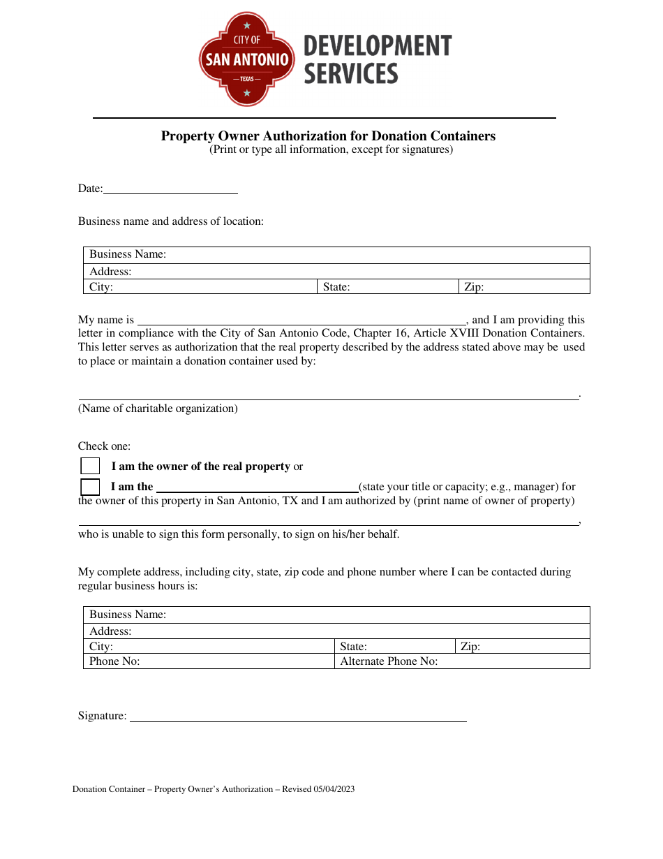 Property Owner Authorization for Donation Containers - City of San Antonio, Texas, Page 1