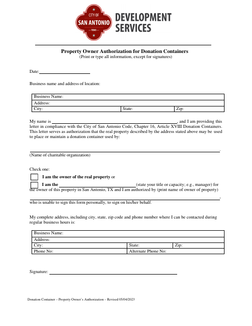 Property Owner Authorization for Donation Containers - City of San Antonio, Texas Download Pdf