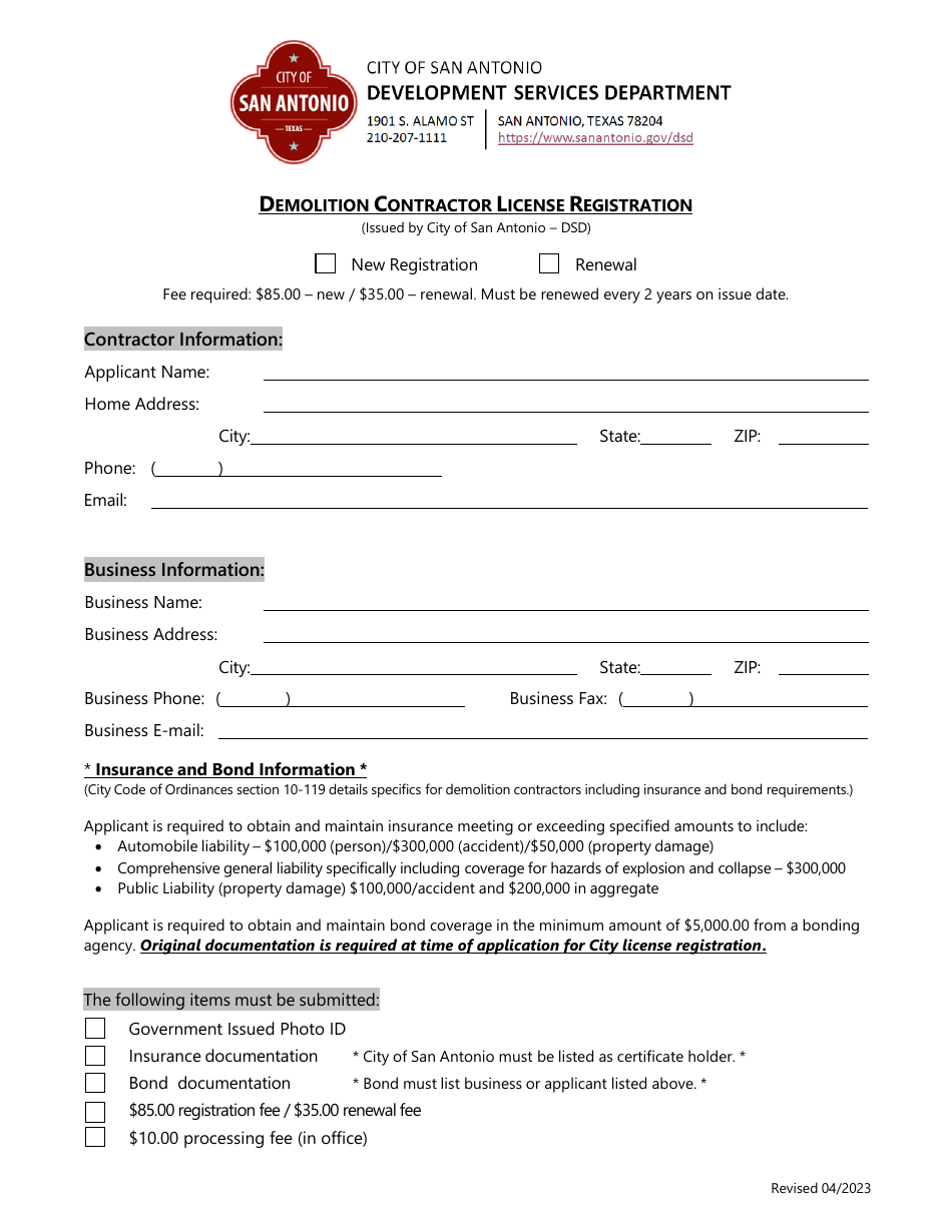 City of San Antonio, Texas Demolition Contractor License Registration