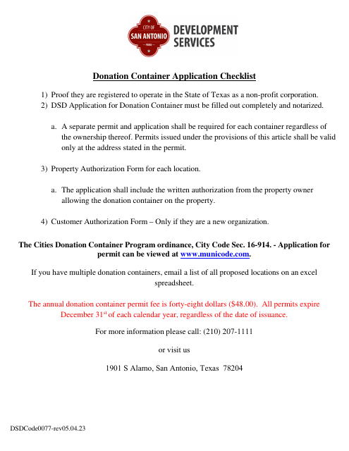 Donation Container Permit Form - City of San Antonio, Texas Download Pdf