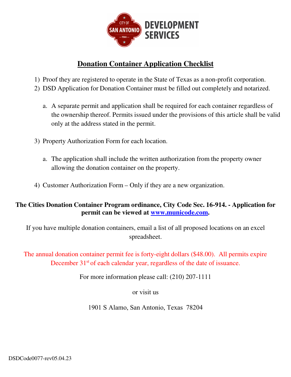 Donation Container Permit Form - City of San Antonio, Texas, Page 1