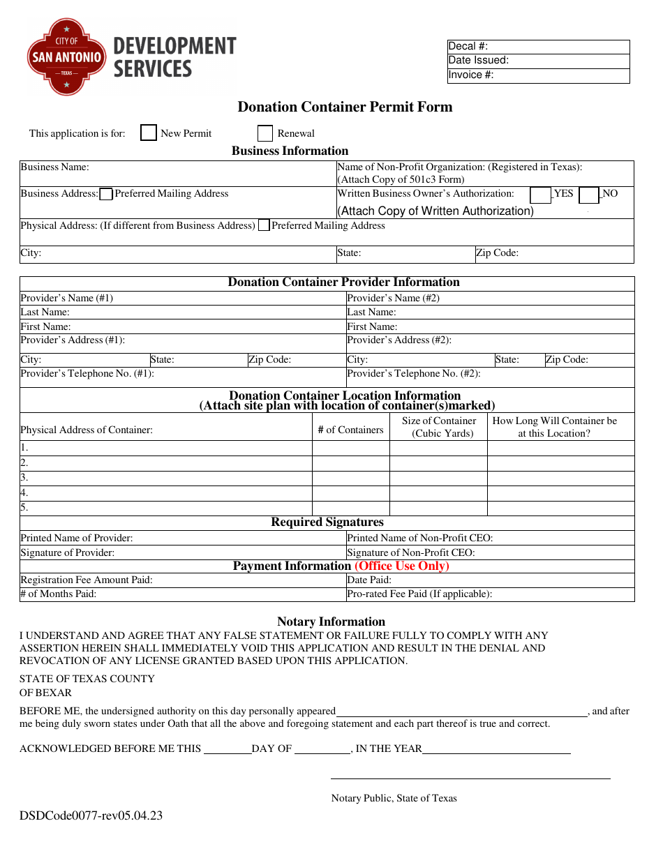 Donation Container Permit Form - City of San Antonio, Texas, Page 2