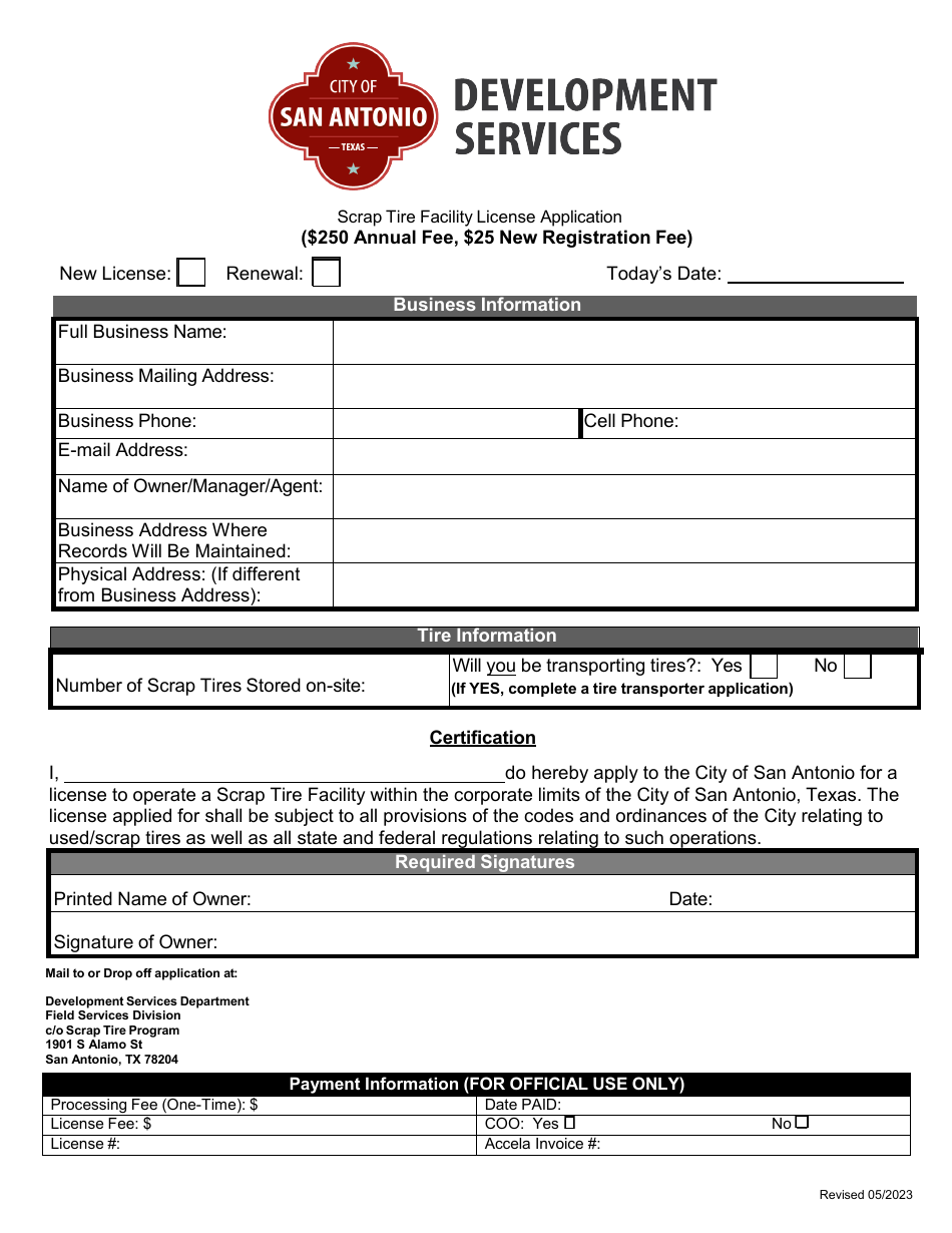 Scrap Tire Facility License Application - City of San Antonio, Texas, Page 1