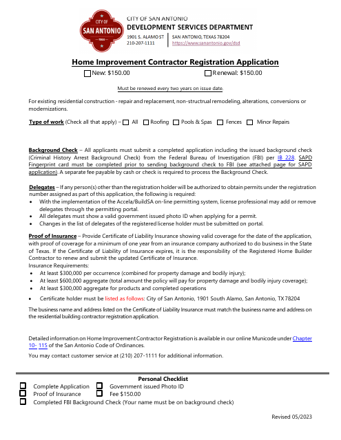 Home Improvement Contractor Registration Application - City of San Antonio, Texas Download Pdf