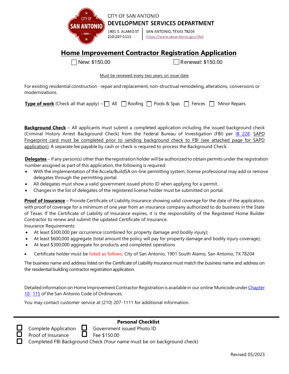 Home Improvement Contractor Registration Application - City of San Antonio, Texas, Page 1