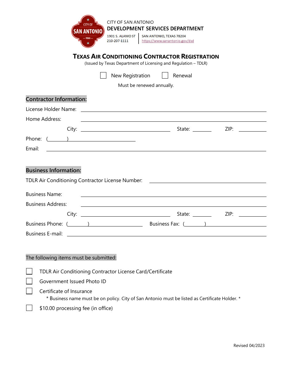 Texas Air Conditioning Contractor Registration - City of San Antonio, Texas, Page 1