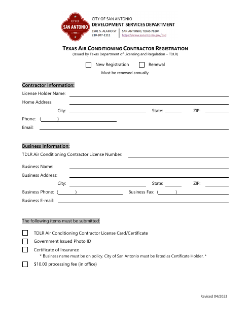 Texas Air Conditioning Contractor Registration - City of San Antonio, Texas Download Pdf
