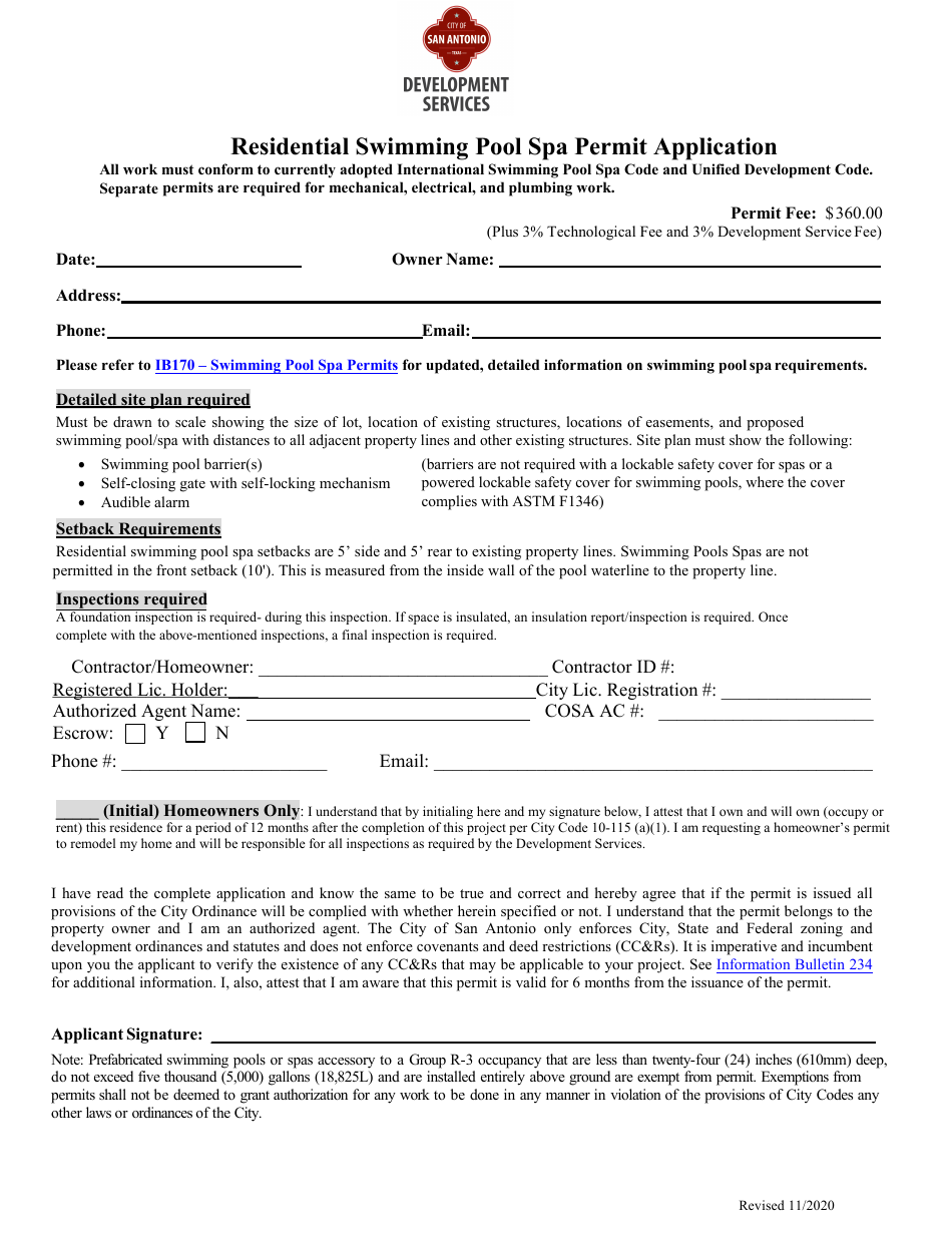 Residential Swimming Pool SPA Permit Application - City of San Antonio, Texas, Page 1