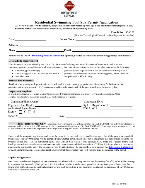 Residential Swimming Pool SPA Permit Application - City of San Antonio, Texas