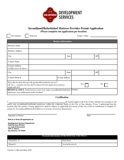 Secondhand / Refurbished Mattress Provider Permit Application - City of San Antonio, Texas Download Pdf