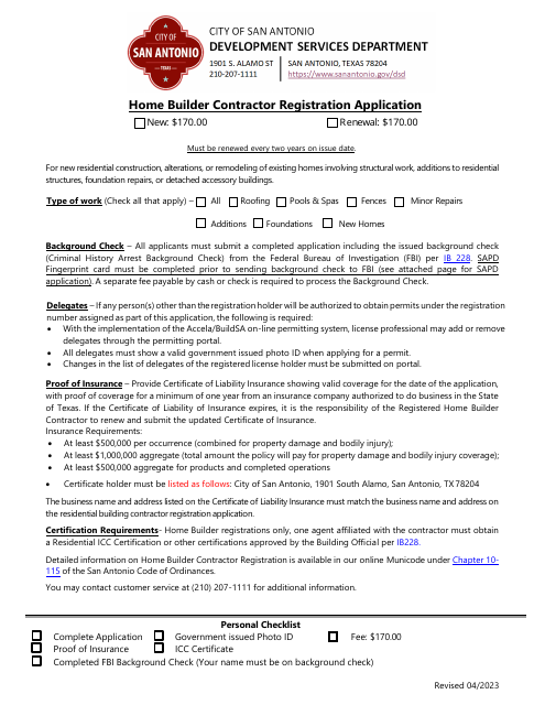 Home Builder Contractor Registration Application - City of San Antonio, Texas