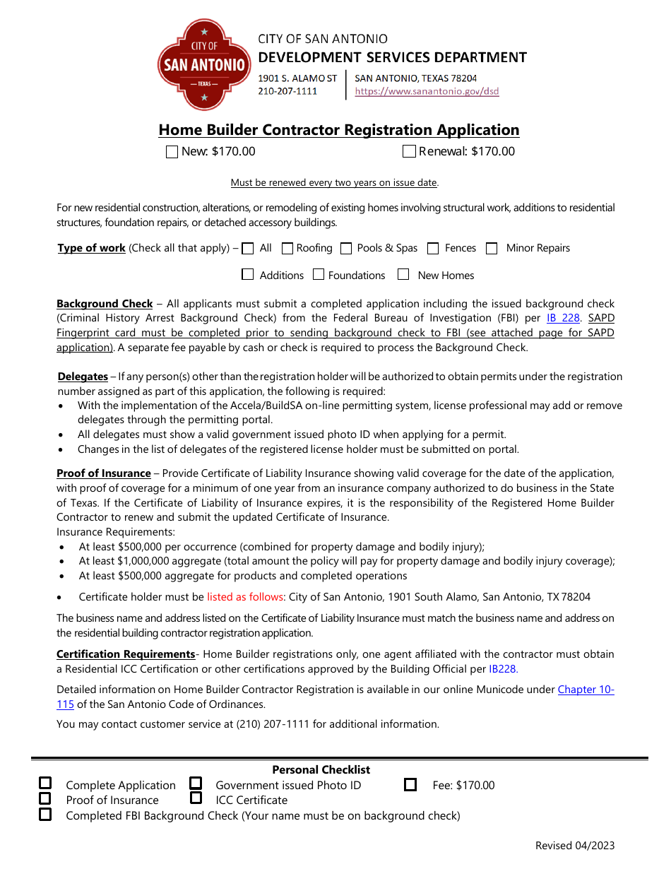 Home Builder Contractor Registration Application - City of San Antonio, Texas, Page 1