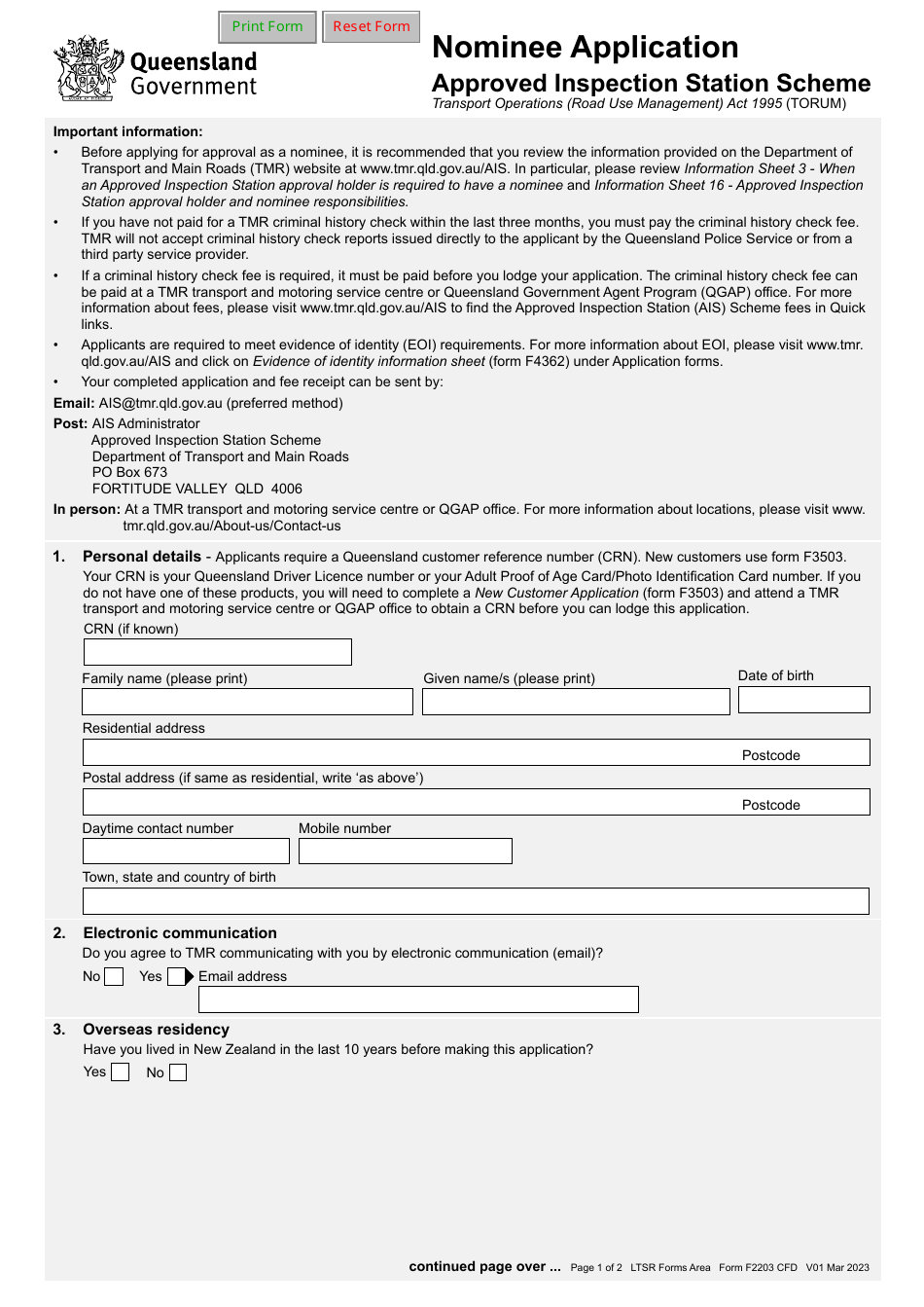 Form F2203 Nominee Application - Approved Inspection Station Scheme - Queensland, Australia, Page 1