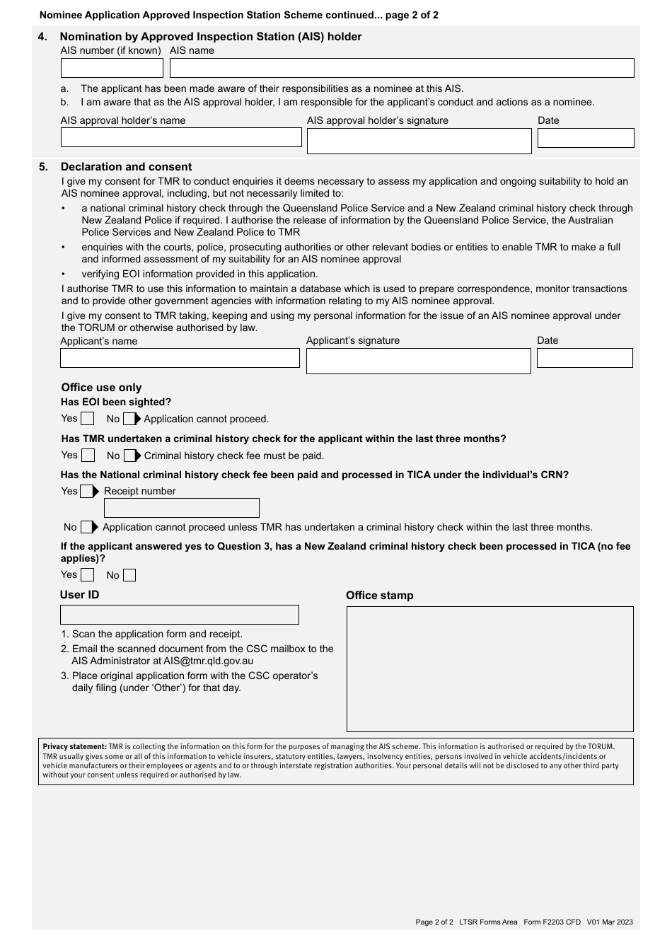 Form F2203 Nominee Application - Approved Inspection Station Scheme - Queensland, Australia, Page 2
