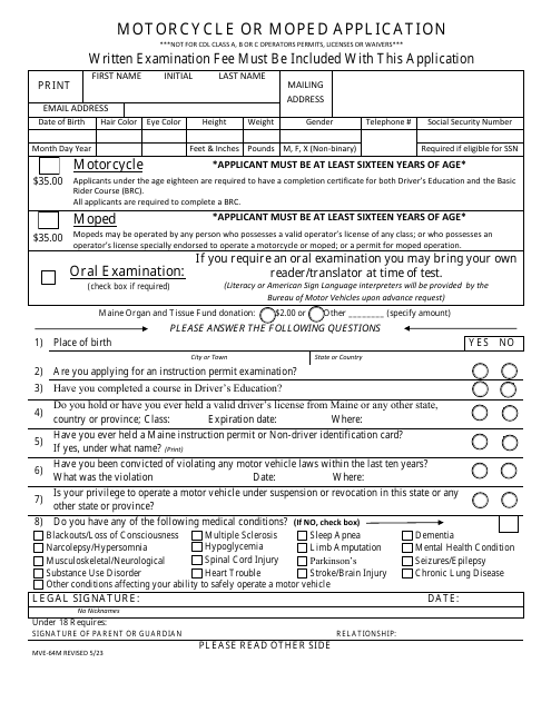 Form MVE-64M Motorcycle or Moped Application - Maine