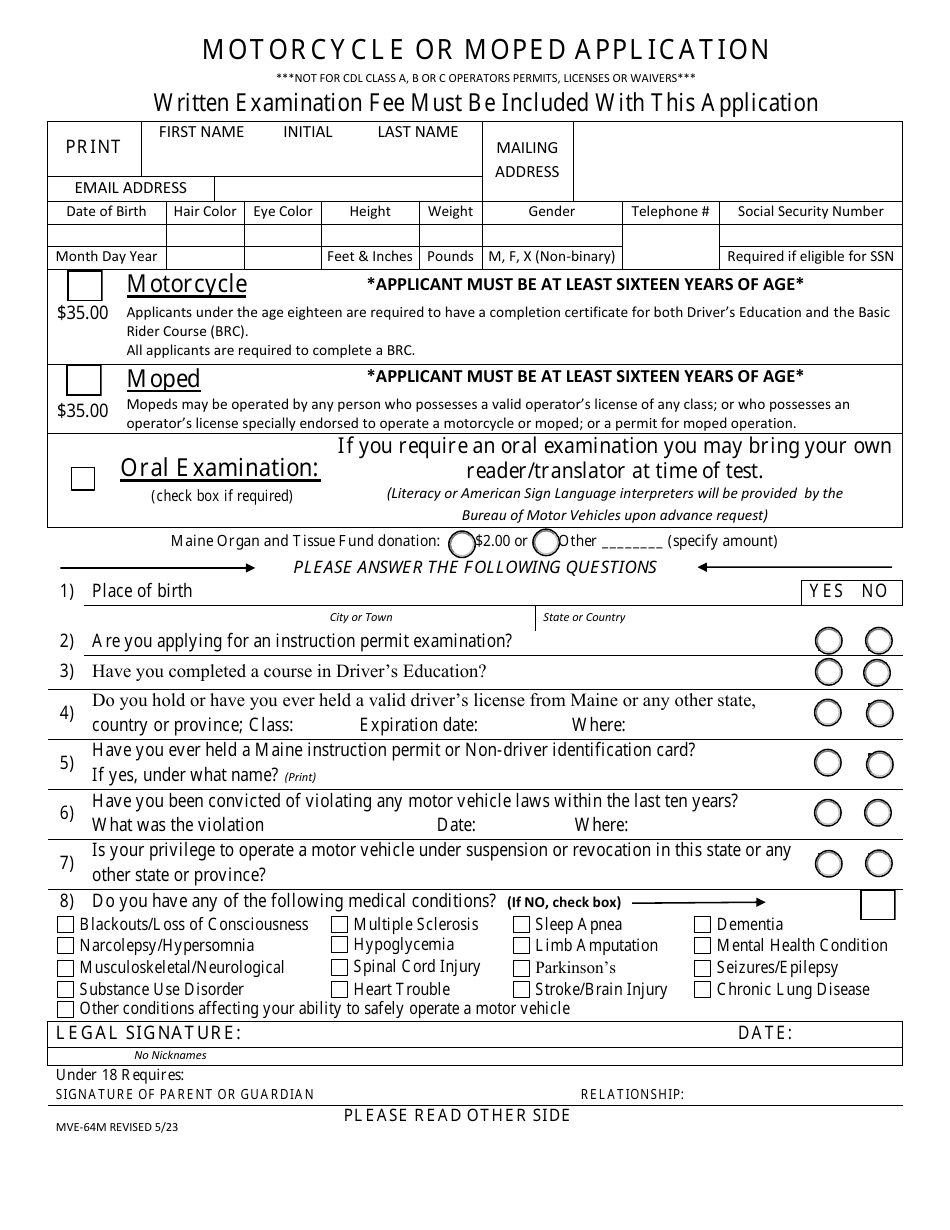 Form MVE-64M Motorcycle or Moped Application - Maine, Page 1