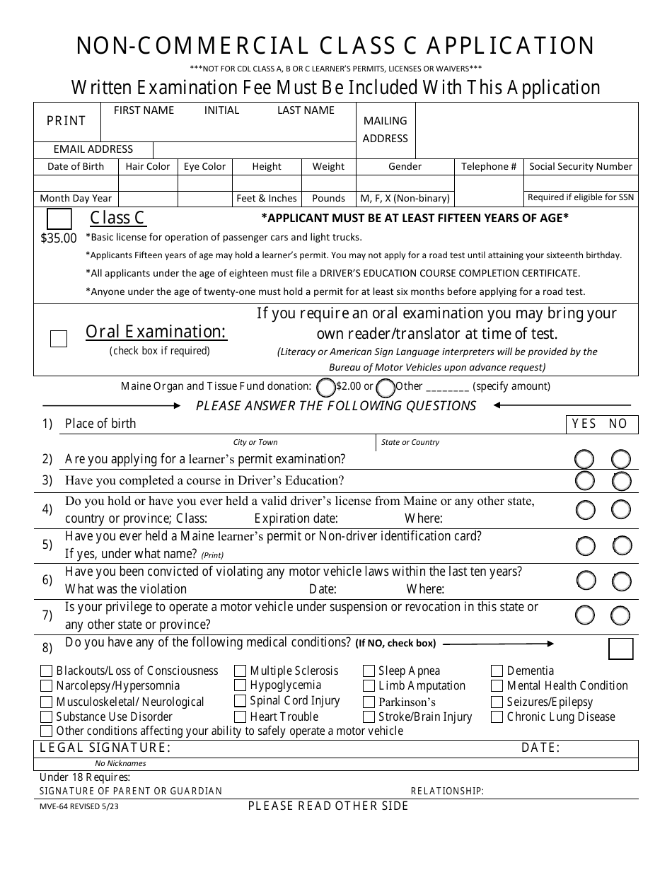 Form MVE-64 Non-commercial Class C Application - Maine, Page 1