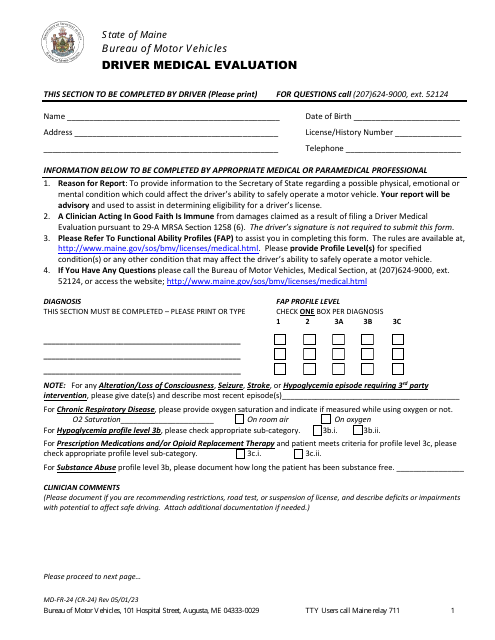 Form CR-24 (MD-FR-24) Driver Medical Evaluation - Maine