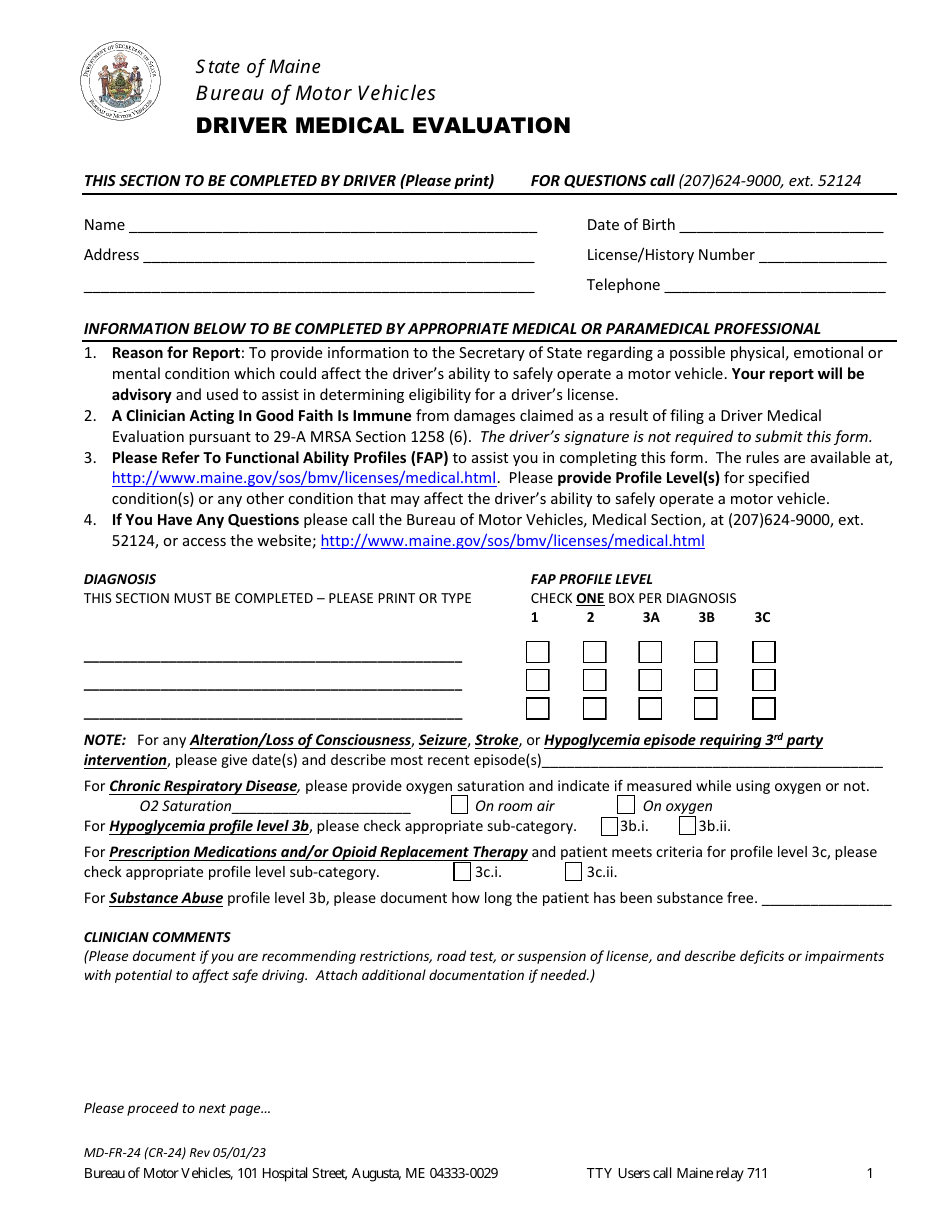 Form CR-24 (MD-FR-24) Driver Medical Evaluation - Maine, Page 1
