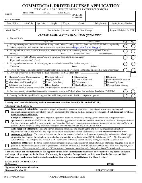 Form MVE-64T Commercial Driver License Application - Cdl Class a, B or C Learner's Permits, Licenses or Waivers - Maine