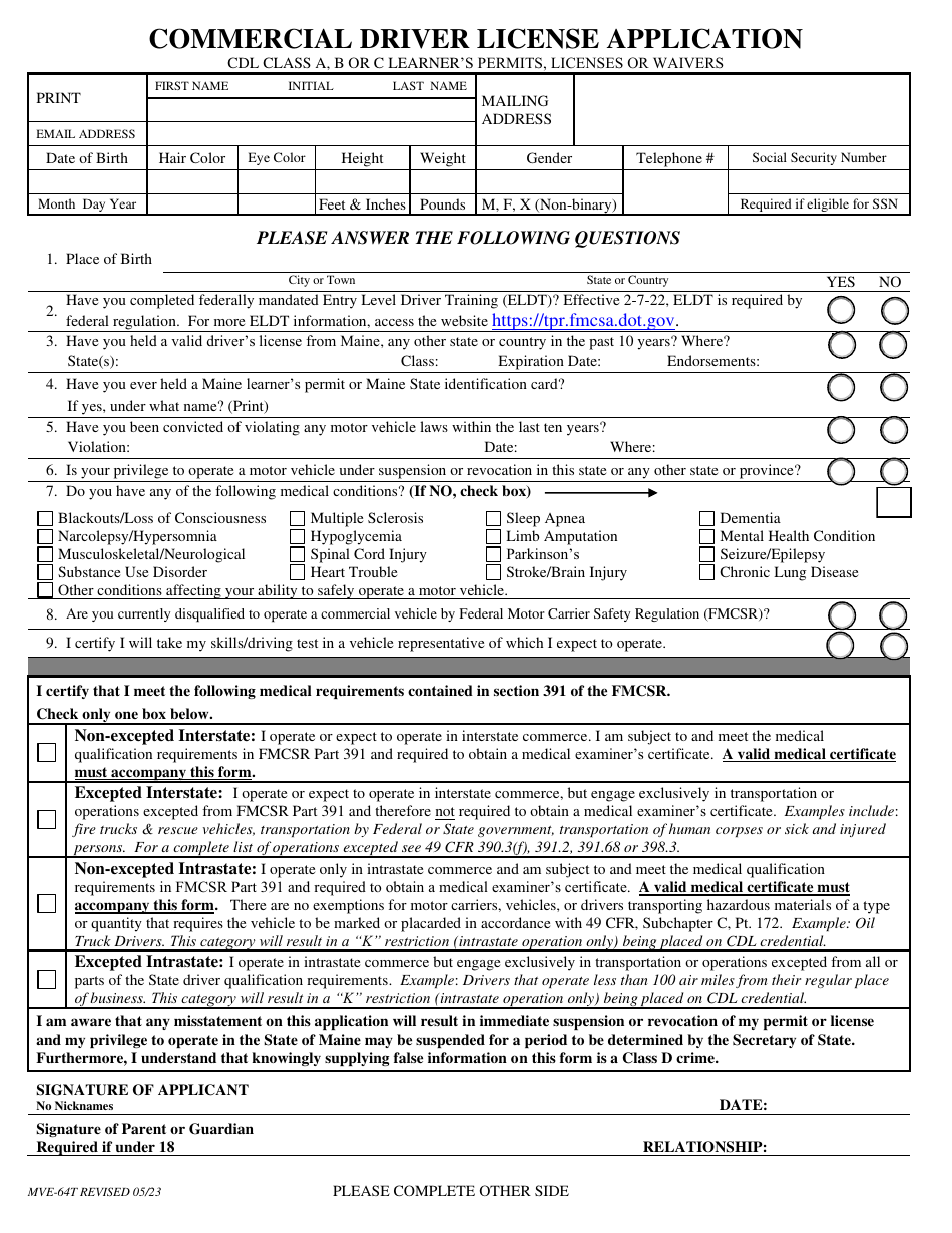 Form MVE-64T Commercial Driver License Application - Cdl Class a, B or C Learners Permits, Licenses or Waivers - Maine, Page 1