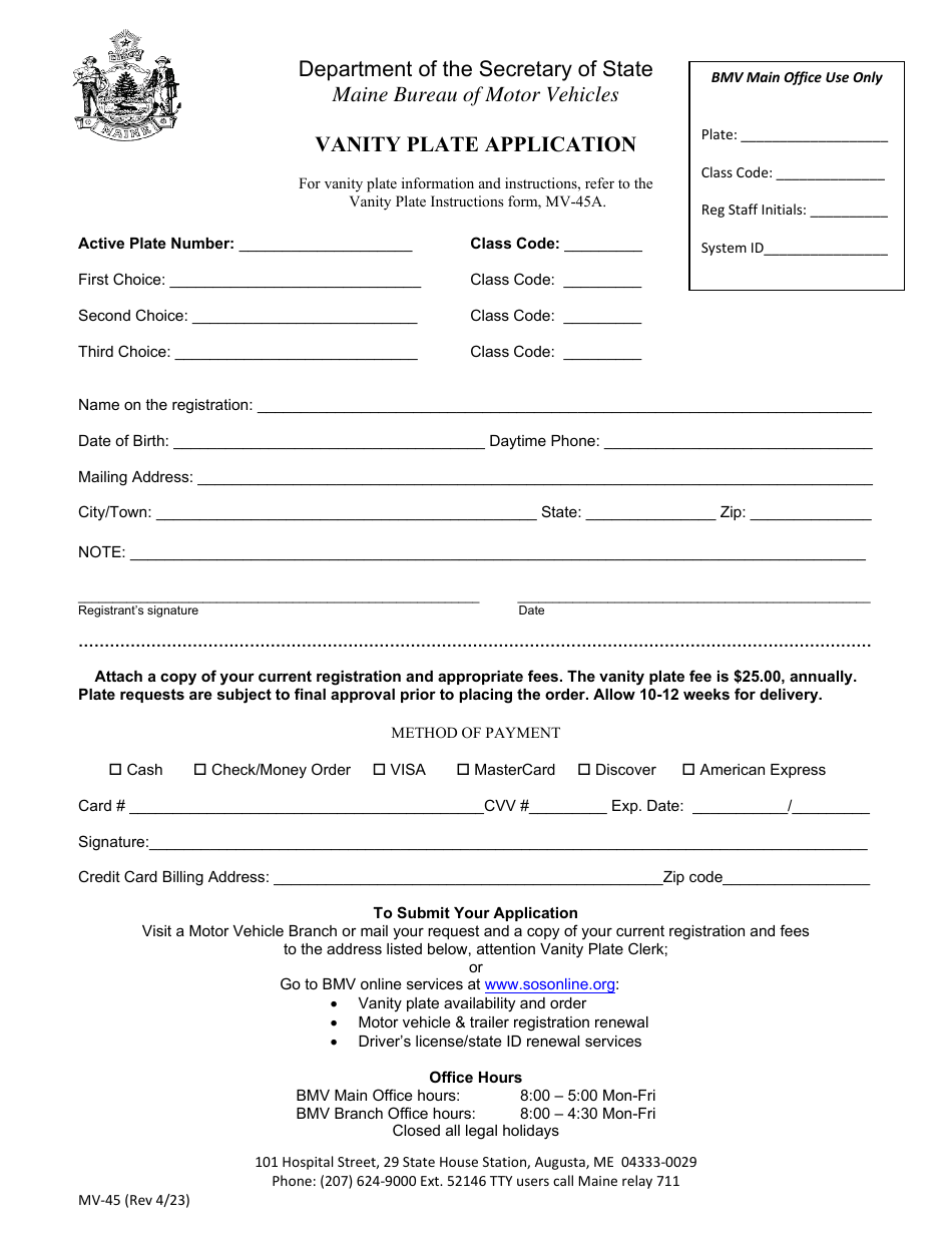 Form MV45 Download Printable PDF or Fill Online Vanity Plate