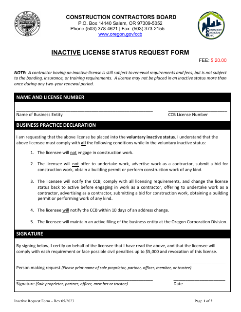 Inactive License Status Request Form - Oregon