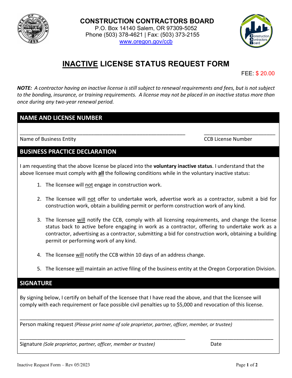 Oregon Inactive License Status Request Form Download Fillable PDF