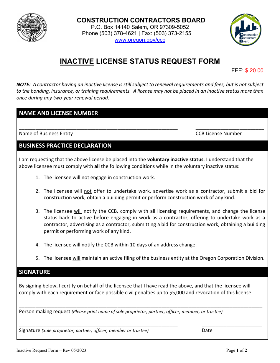 Inactive License Status Request Form - Oregon, Page 1