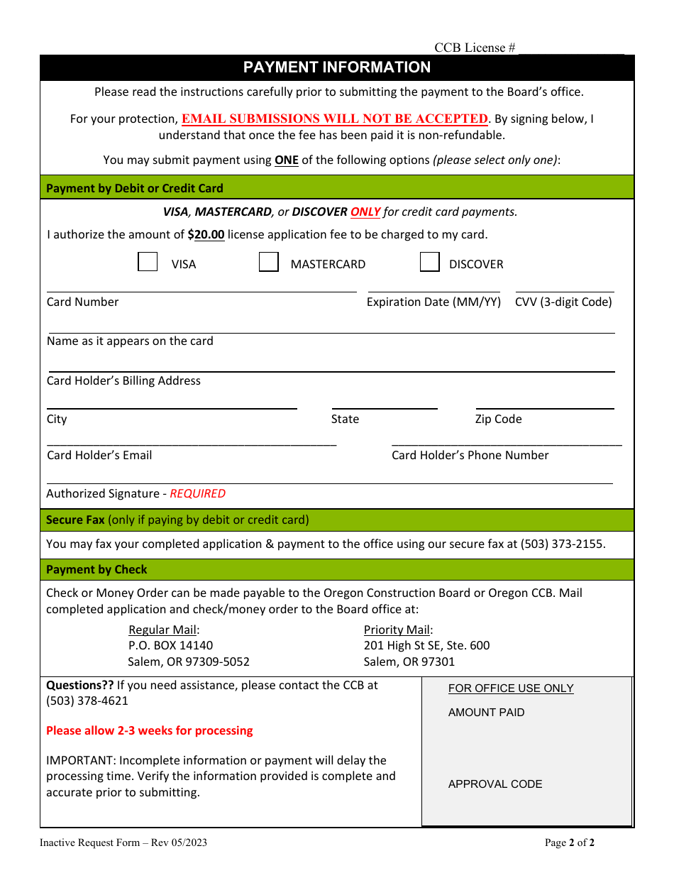 Inactive License Status Request Form - Oregon, Page 2