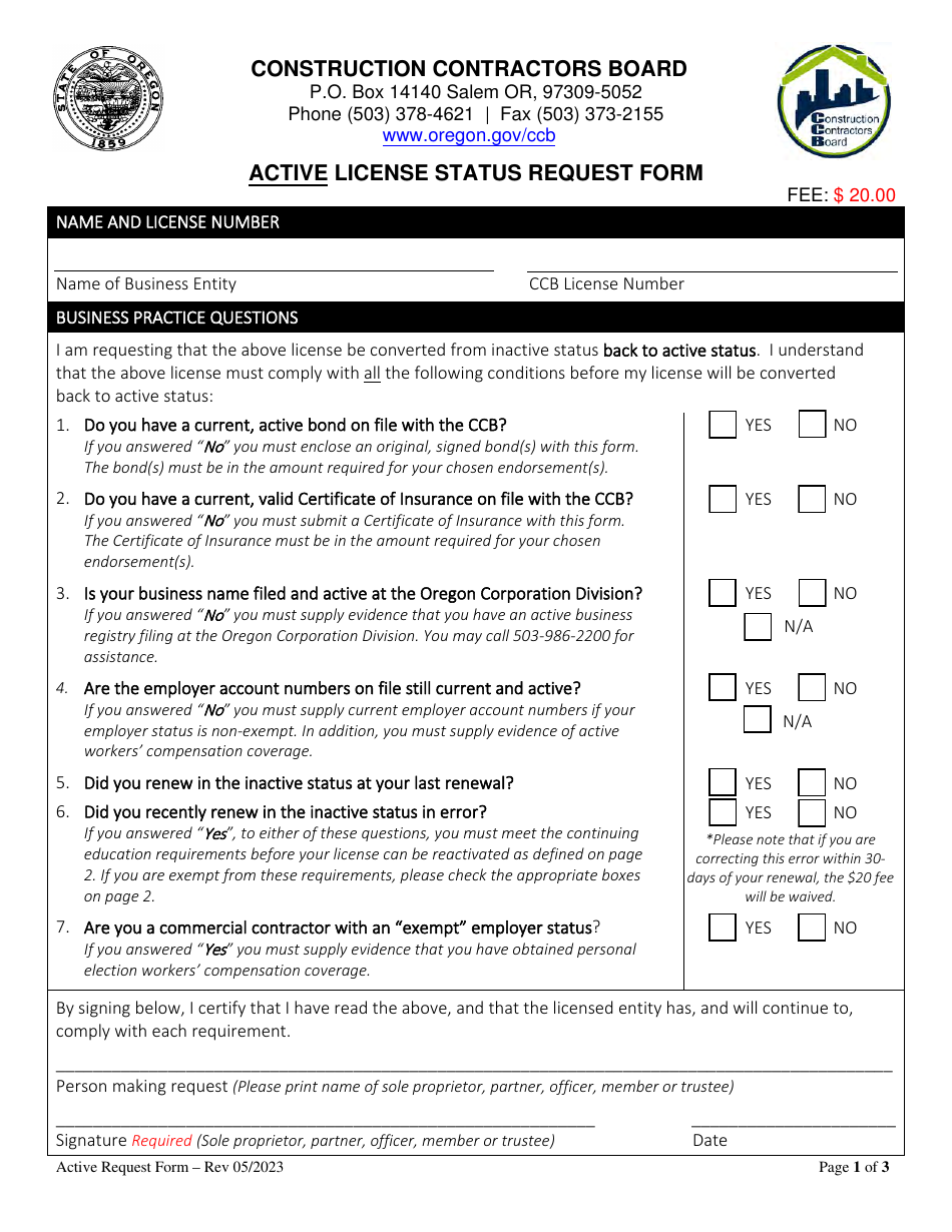 Oregon Active License Status Request Form Download Fillable PDF