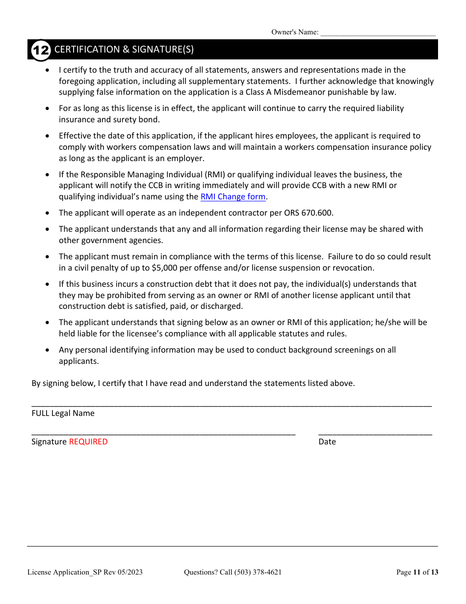 License Application for Sole Proprietorship (Residential, Commercial or Dual Endorsement) - Oregon, Page 11