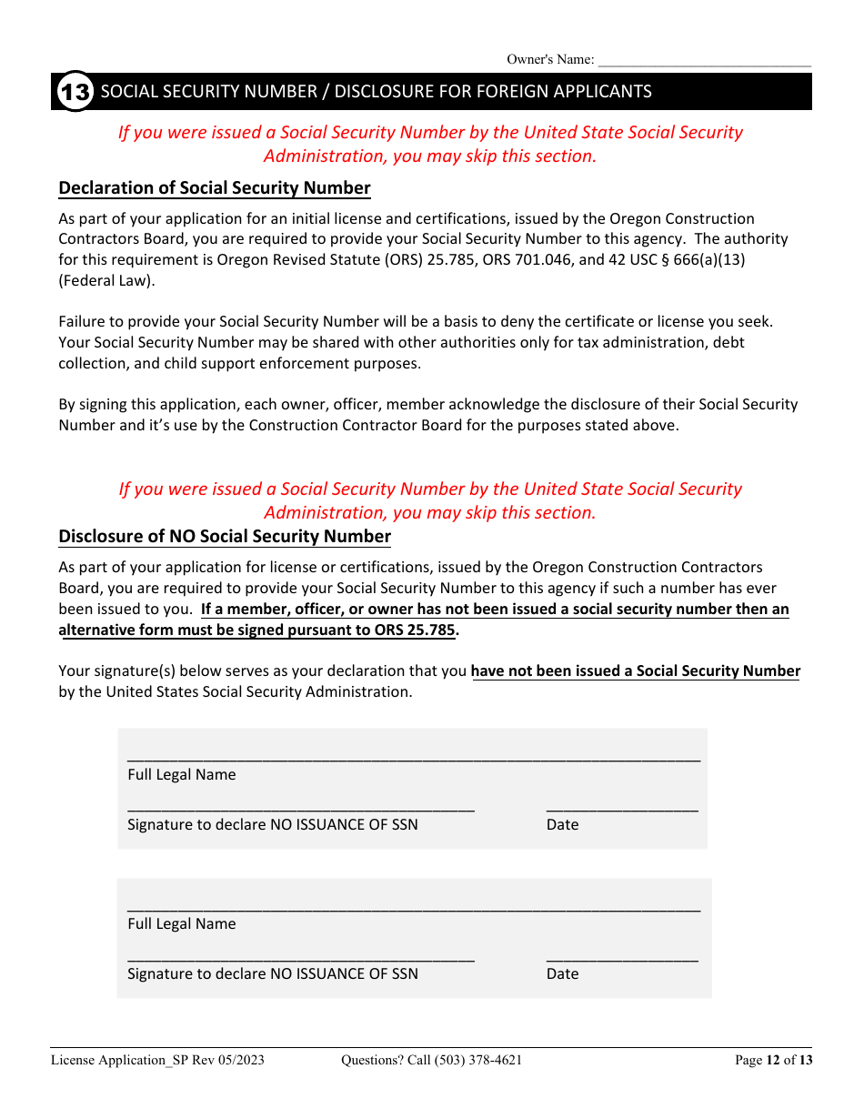 License Application for Sole Proprietorship (Residential, Commercial or Dual Endorsement) - Oregon, Page 12