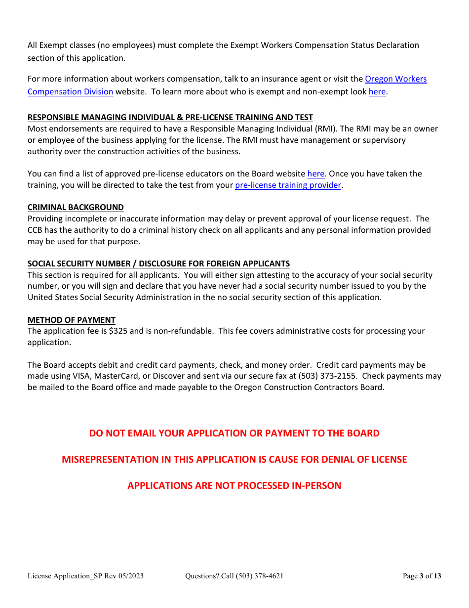 License Application for Sole Proprietorship (Residential, Commercial or Dual Endorsement) - Oregon, Page 3