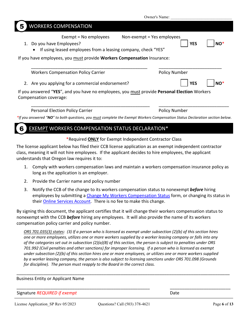 License Application for Sole Proprietorship (Residential, Commercial or Dual Endorsement) - Oregon, Page 6