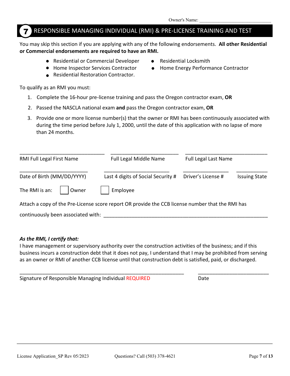 License Application for Sole Proprietorship (Residential, Commercial or Dual Endorsement) - Oregon, Page 7