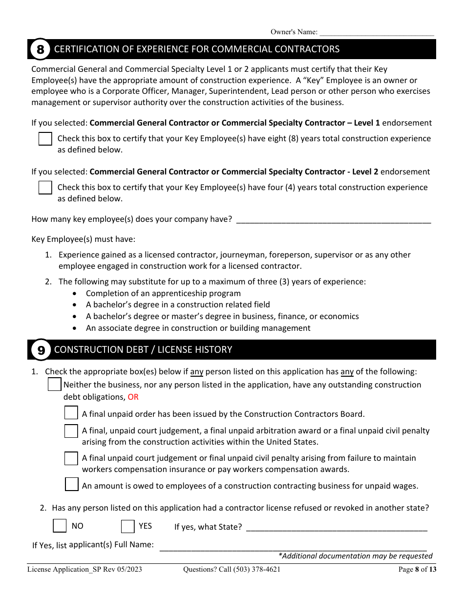 License Application for Sole Proprietorship (Residential, Commercial or Dual Endorsement) - Oregon, Page 8