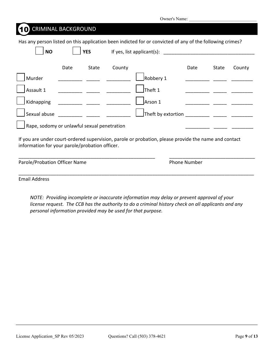License Application for Sole Proprietorship (Residential, Commercial or Dual Endorsement) - Oregon, Page 9