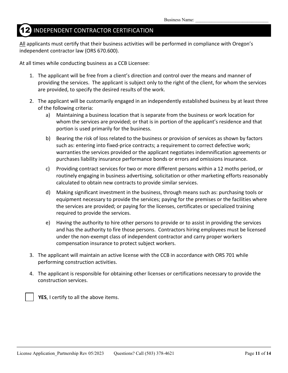 License Application for Partnership or Joint Venture (Residential, Commercial or Dual Endorsement) - Oregon, Page 11