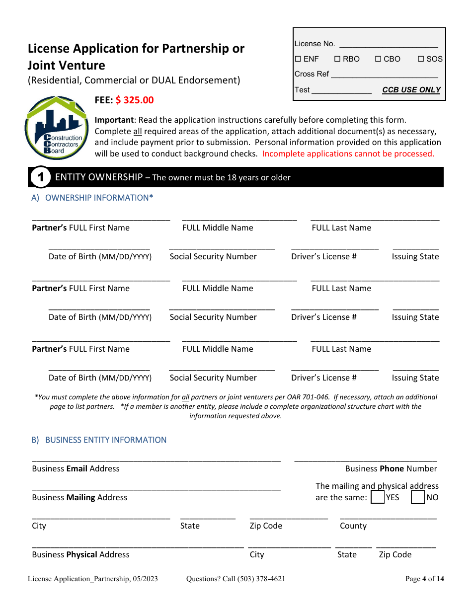 License Application for Partnership or Joint Venture (Residential, Commercial or Dual Endorsement) - Oregon, Page 4