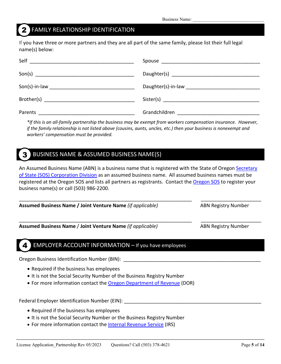 License Application for Partnership or Joint Venture (Residential, Commercial or Dual Endorsement) - Oregon, Page 5