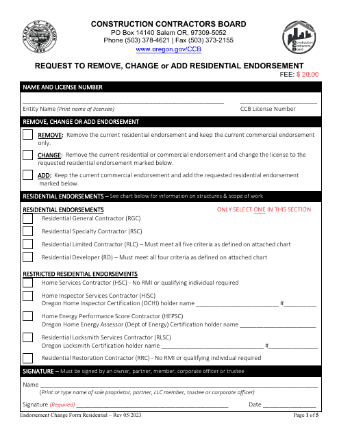 Request to Remove, Change or Add Residential Endorsement - Oregon Download Pdf