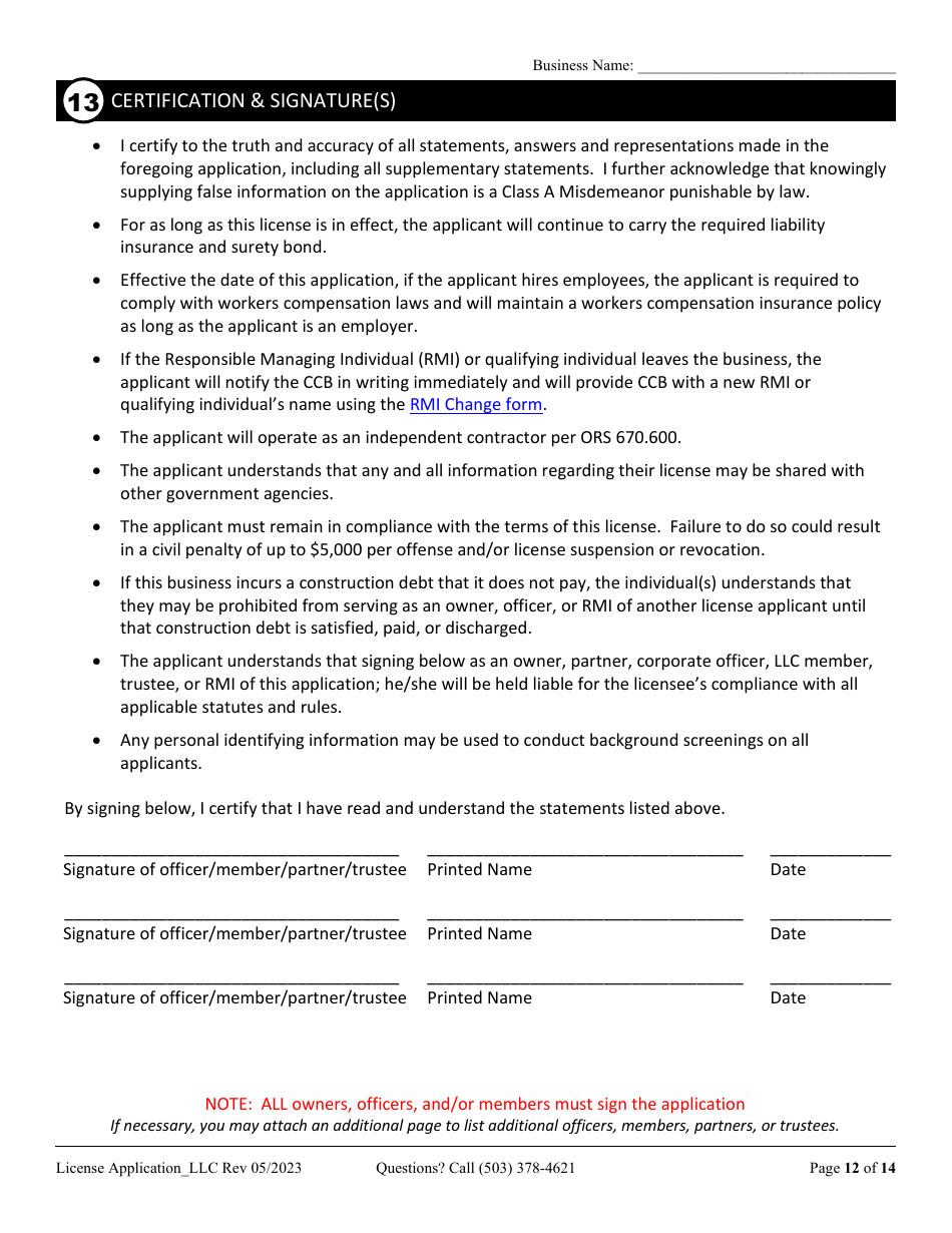 License Application for Limited Liability Company (LLC), Corporation, or Trust (Residential, Commercial or Dual Endorsement) - Oregon, Page 12