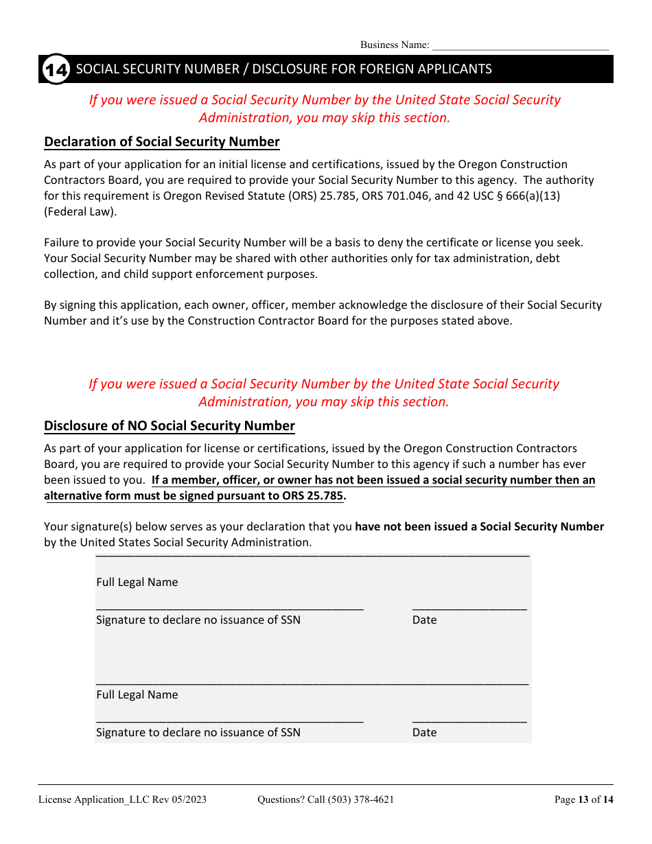 License Application for Limited Liability Company (LLC), Corporation, or Trust (Residential, Commercial or Dual Endorsement) - Oregon, Page 13