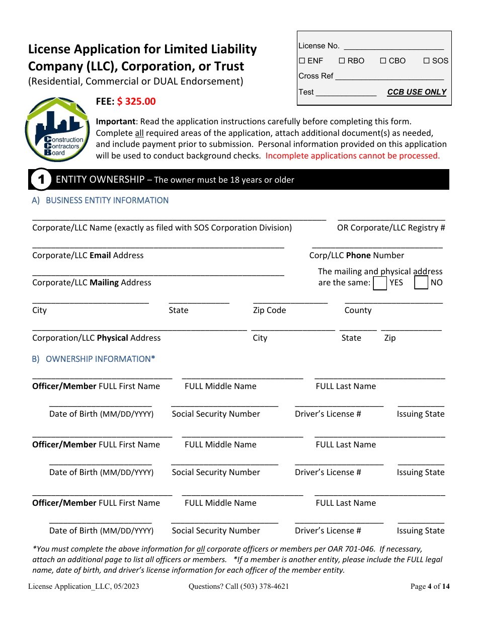 License Application for Limited Liability Company (LLC), Corporation, or Trust (Residential, Commercial or Dual Endorsement) - Oregon, Page 4