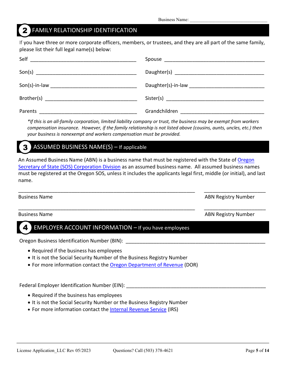 License Application for Limited Liability Company (LLC), Corporation, or Trust (Residential, Commercial or Dual Endorsement) - Oregon, Page 5