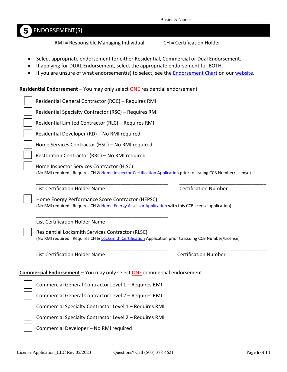 License Application for Limited Liability Company (LLC), Corporation, or Trust (Residential, Commercial or Dual Endorsement) - Oregon, Page 6