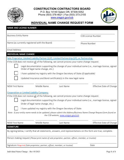 Individual Name Change Request Form - Oregon